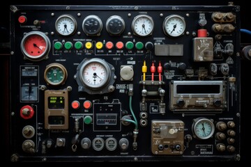 A Detailed View of a Complex Instrument Panel in an Industrial Setting, Highlighting the Array of Dials, Switches, and Indicators Against a Metallic Background