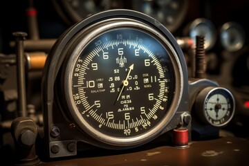 Close-up of an Airspeed Indicator with Detailed Markings and Numbers, Set Against a Background of Industrial Machinery and Tools