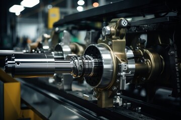 Close-up shot of a shiny, new steering rack set against a backdrop of industrial machinery in a well-lit automobile factory - obrazy, fototapety, plakaty