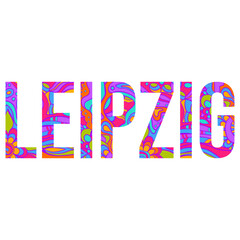 Leipzig colorful decorative vector text filled with doodle pattern.