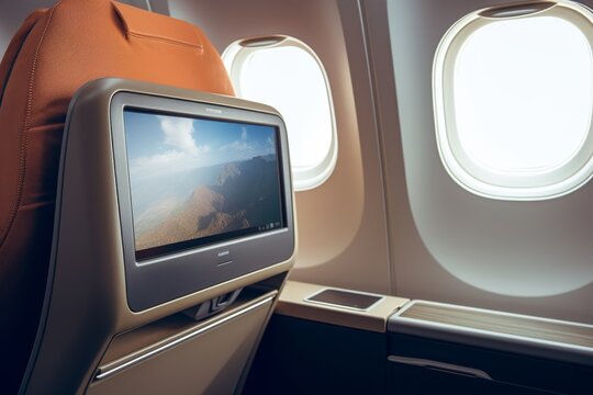 A close-up view of an in-flight entertainment system, showcasing its sleek design and advanced technology against the backdrop of a modern airplane interior