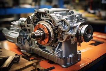 Fototapeta premium Close-up view of a meticulously crafted gearbox housing, resting on a workbench in an industrial setting, surrounded by various mechanical tools and blueprints