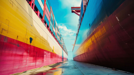The hull of a container ship is painted with specialized coatings designed to reduce drag and improve fuel efficiency. - obrazy, fototapety, plakaty