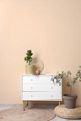 White chest of drawers with houseplant and air humidifier near beige wall