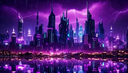 Fototapeta na wymiar Beautiful dark futuristic city with purple rain, beautiful lighting cityscape with tall skyscraper buildings. Futuristic city. Generative AI