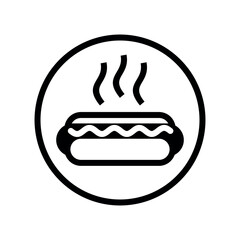 Hot dog icon, sausage in a bun. Fast food or cafe symbol. Menu or lunch attribute.