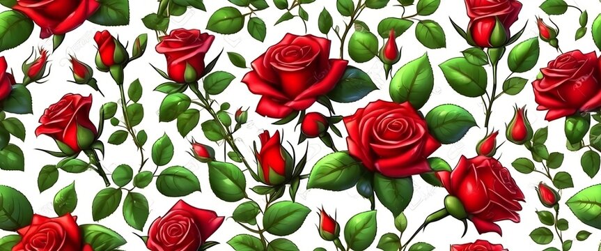 Red roses. Burgundy rose flower bouquets with green leaves and buds. Watercolor floral romantic decor. Isolated cartoon vector set. Panoramic red blooming rose, branch floral blossom illustration