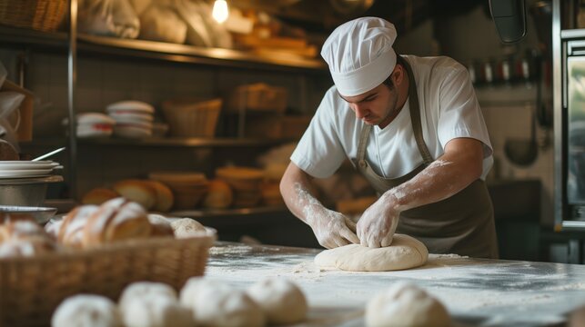 Um profissional sovando e preparando uma massa de pizza.