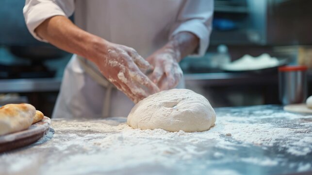 Um profissional sovando e preparando uma massa de pizza.
