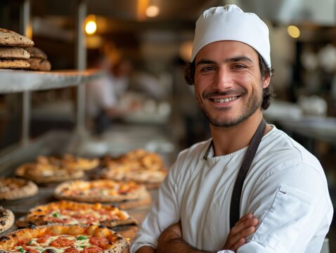 Um pizzaiolo posando para foto ao lado de seu forno