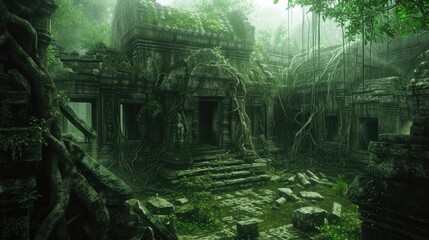 Fototapeta premium An ancient, abandoned temple overrun by nature, with intricate carvings and overgrown vines. Resplendent.
