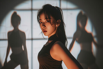 Asian K-pop female artist posing stylishly and looking at camera with silhouette of dancers behind - obrazy, fototapety, plakaty