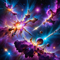 Ethereal Cosmic Explosion - Colliding galaxies, gamma-ray burst, and vibrant celestial bodies in a stunning cosmic pop art scenery Gen AI - obrazy, fototapety, plakaty