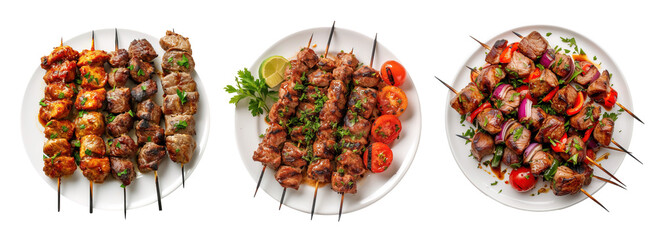 Top view of kebabs skewers of marinated meat and some veggies over isolated transparent background - obrazy, fototapety, plakaty