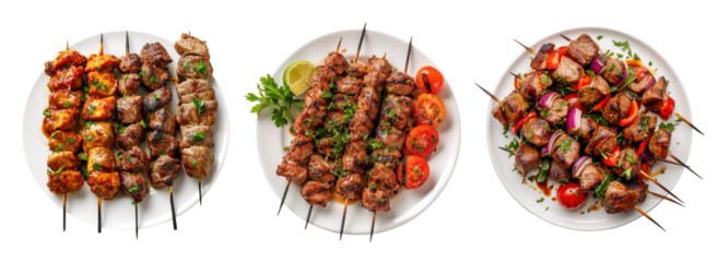 Top view of kebabs skewers of marinated meat and some veggies over isolated transparent background
