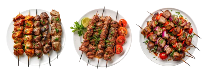 Fotobehang Top view of kebabs skewers of marinated meat and some veggies over isolated transparent background © Pajaros Volando