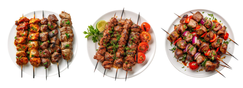 Top view of kebabs skewers of marinated meat and some veggies over isolated transparent background