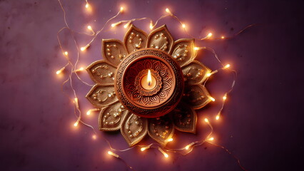 Top view of one burning diya lamp with lights on a purple background