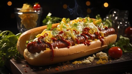 hotdog with a large sausage filled with melted mayonnaise and a sprinkling of chopped greens