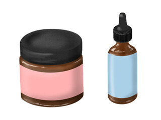 クリームや塗り薬などの容器と美容オイルなどの化粧品や薬のスポイト瓶のイラストセット、ラベル有り