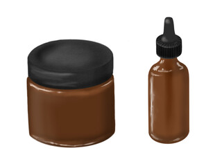 クリームや塗り薬などの容器と美容オイルなどの化粧品や薬のスポイト瓶のイラストセット、ラベル無し