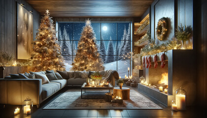 Fototapeta na wymiar Winter Wonderland at Home: Cozy Christmas Eve by the Glow of the Tree