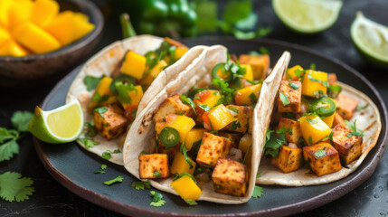 These fiery tofu tacos are a perfect balance of heat and cool with y marinated tofu and a refreshing salsa made with diced mango and jalapenos. Delicious and addicting - obrazy, fototapety, plakaty
