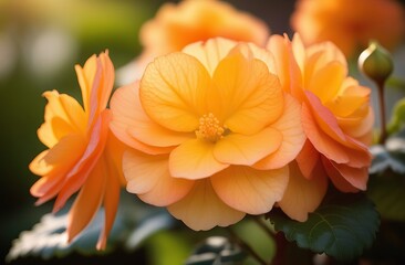 Yellow orange begonia flower in garden. Realistic watercolor illustration of begonia flowers. Colorful, tender plant with big petals and buds in pink and orange, isolated on white. - obrazy, fototapety, plakaty