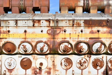 Closeup on large displacement locomotive engine.