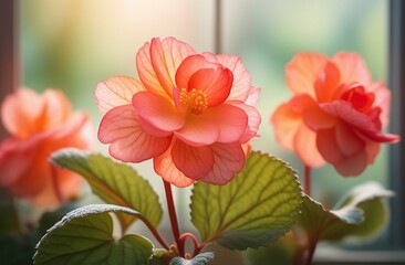 Realistic watercolor illustration of begonia flowers. Colorful, tender plant with big petals and buds in pink and orange, isolated on white - obrazy, fototapety, plakaty
