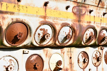 Closeup on large displacement locomotive engine.