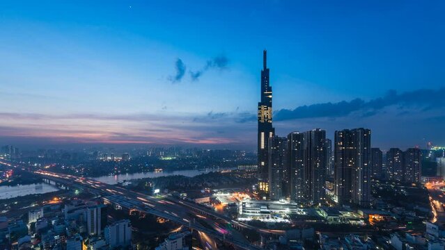 Day to night timelapse of Landmark 81 in Ho Chi Minh city, Vietnam. The tallest building in Vietnam up to present.