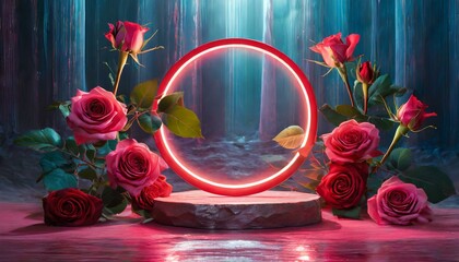 Pink color podium platform and rose flower display of cosmetic and fashion products