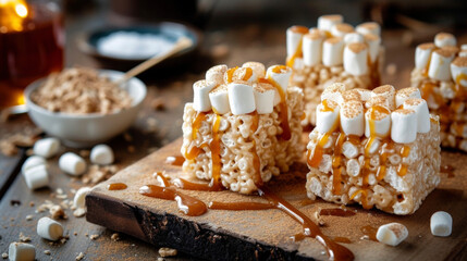 Satisfy your sweet tooth by the fire with these homemade Rice Krispie treats into e shapes and adorned with white chocolate and caramel drizzle. The aroma of toasted marshmallows