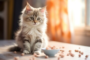 Funny little fluffy tabby kitten eats dry food from a bowl. Cat indoors. AI Generated 
