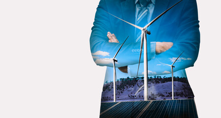 Fototapeta na wymiar Double exposure graphic of business people working over wind turbine farm and green renewable energy worker interface. Concept of sustainability development by alternative energy. uds