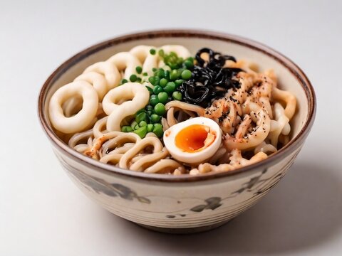 a bowl of Japanese udon pasta on white background