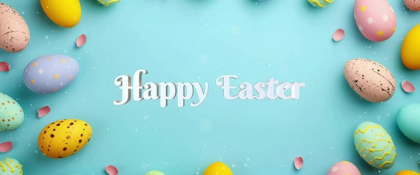 Anamorphic video happy easter lettering celebration with egg. motion holidays and spring style background.