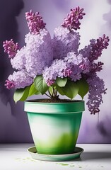 Bouquet of lilacs in a flower pot on a white watercolor background