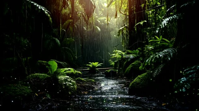 Waterfall scene in tropical forest, 4k animated virtual repeating seamless	