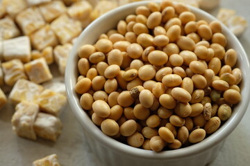 soybeans and diced tempeh. Tempeh or tempe is a superfood made from fermented soybeans. Indonesian food. protein.