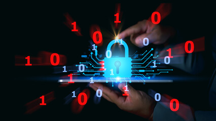 Cybersecurity and privacy concepts to protect data. Lock icon and internet network security...