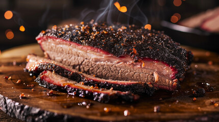 A thick slice of slowsmoked brisket its deep savory flavor complemented by a sweet and y BBQ glaze. The charred edges and pink smoke ring are a testament to the hours spent - obrazy, fototapety, plakaty