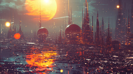 Distant planets once deemed unlivable now shimmer with the light of a newly formed artificial sun. The surface is a patchwork of domed cities protected from the harsh conditions - obrazy, fototapety, plakaty