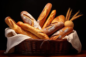 French loaves breads in basket in artisanal bakery. Gift basket