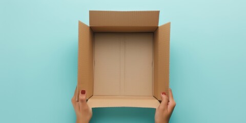 Top view to female hand holding brown cardboard box on light blue background. Mockup parcel box. Packaging, shopping, delivery concept 