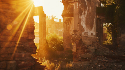 As the sun disappears the ruins of an old town are drenched in the last rays of light.