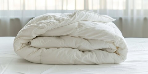 White folded duvet lying on white bed in cozy bedroom. Preparing for winter season, household, domestic activities, hotel or home textile - obrazy, fototapety, plakaty