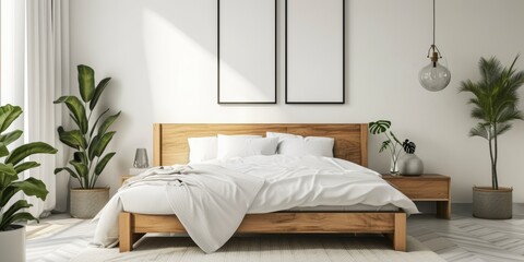 Fototapeta na wymiar Minimal light bedroom interior wooden bed, modern posters and potted plant