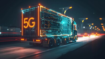Closeup of a driverless electric truck carrying a load of materials with a glowing 5G icon denoting the constant flow of realtime data between the vehicle and its control